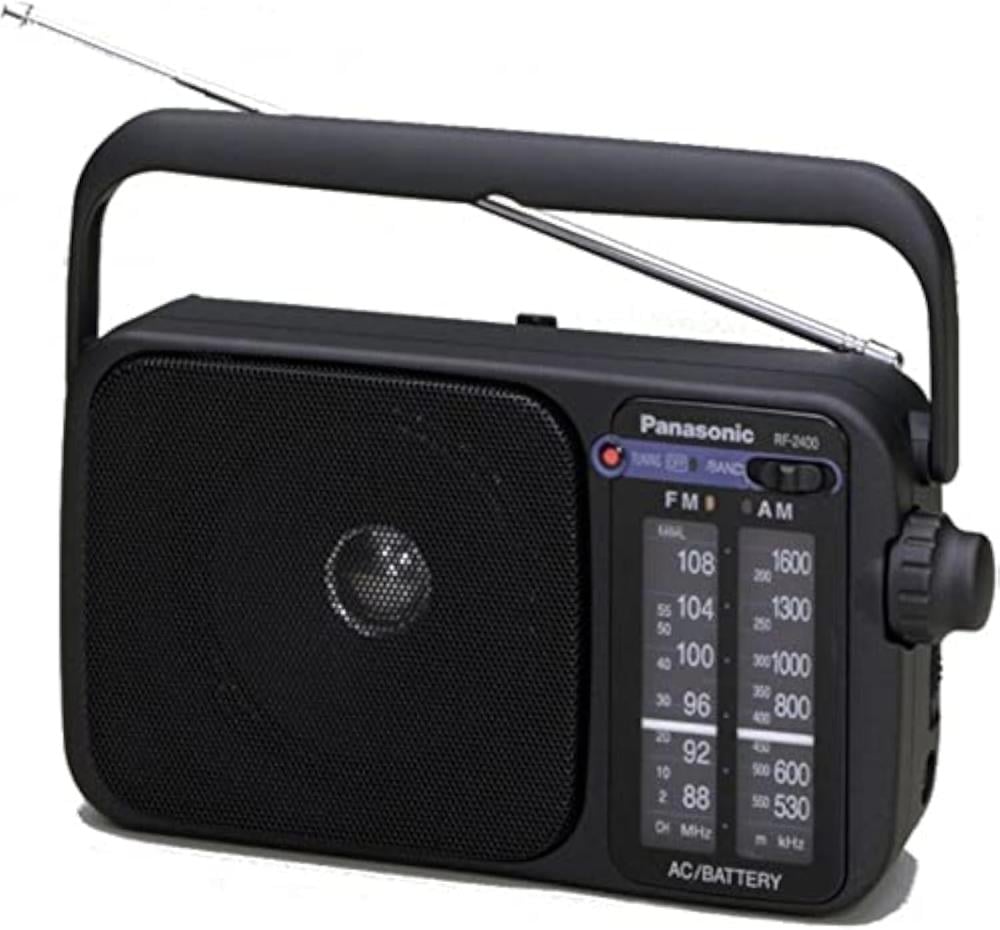 راديو اف ام انالوج محمول من باناسونيك RF-2400D، أسود  محول كهربا وبطارية خارجية