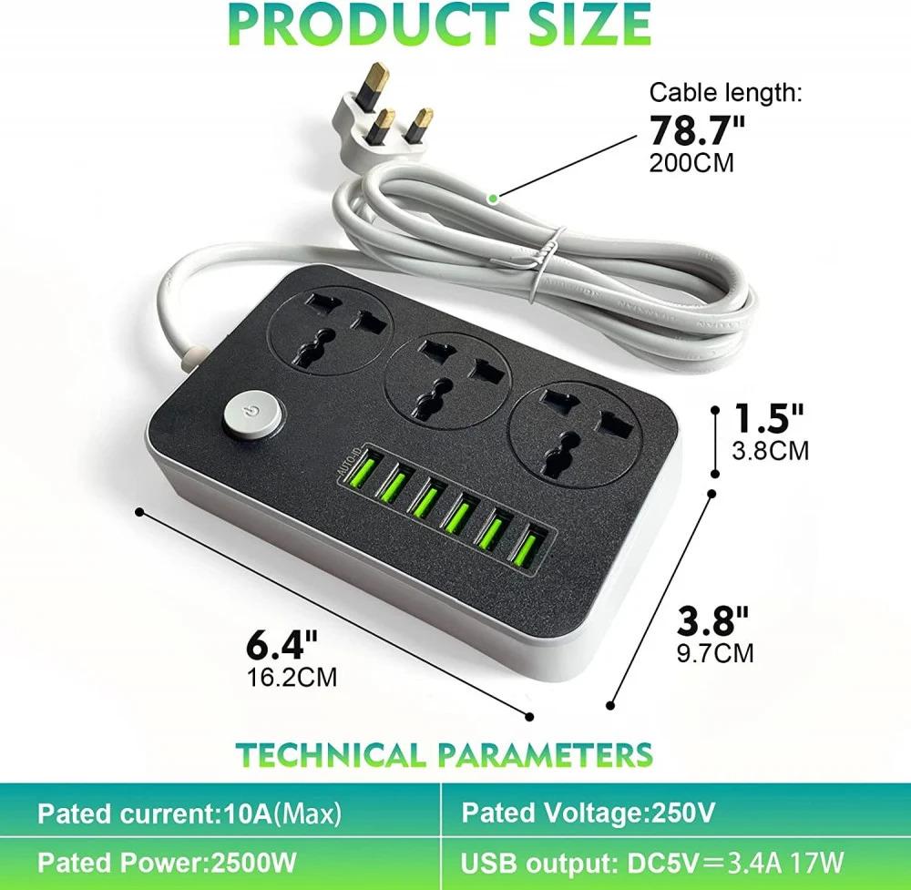 توصيلة كهرباء 3 منافذ طاقة و 6 منافذ شاحن جوال - USB