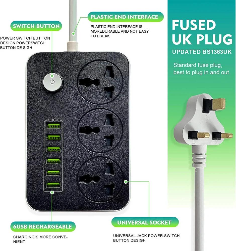 توصيلة كهرباء 3 منافذ طاقة و 6 منافذ شاحن جوال - USB
