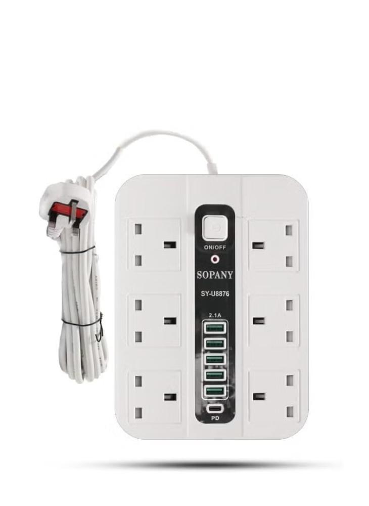 توصيله كهرباء 3 متر sopany سته مدخل +5 منفذ شحن usb موديل sy-u8876